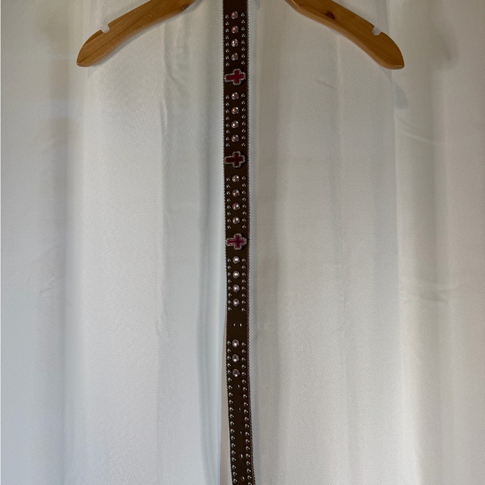 Nocona Brown Leather Kids Belt with Pink Cross Accents and Silver Studs